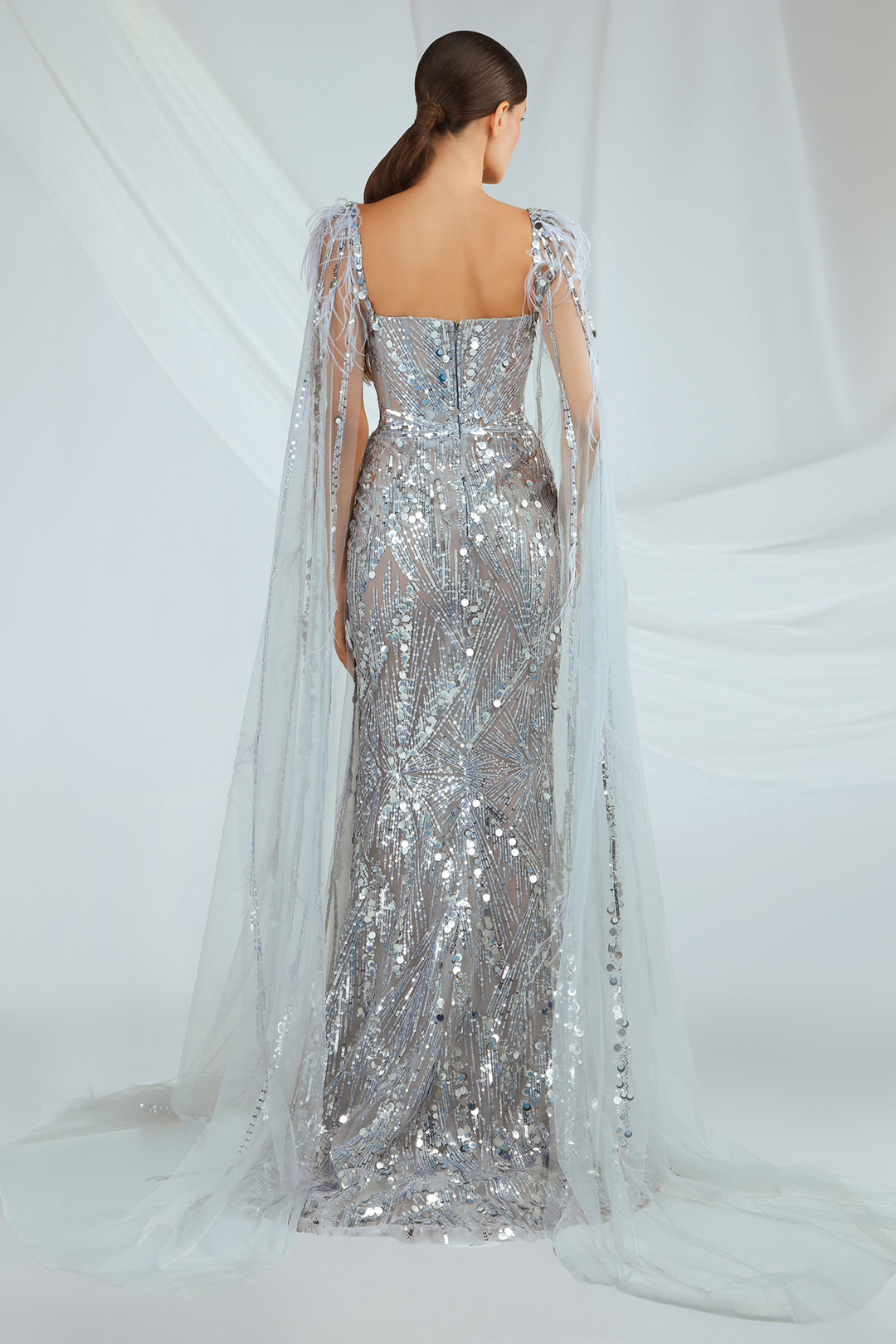 Tulle Dress with Plunging Neckline and Cape