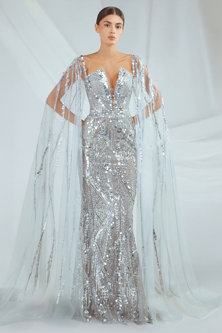 Tulle Dress with Plunging Neckline and Cape