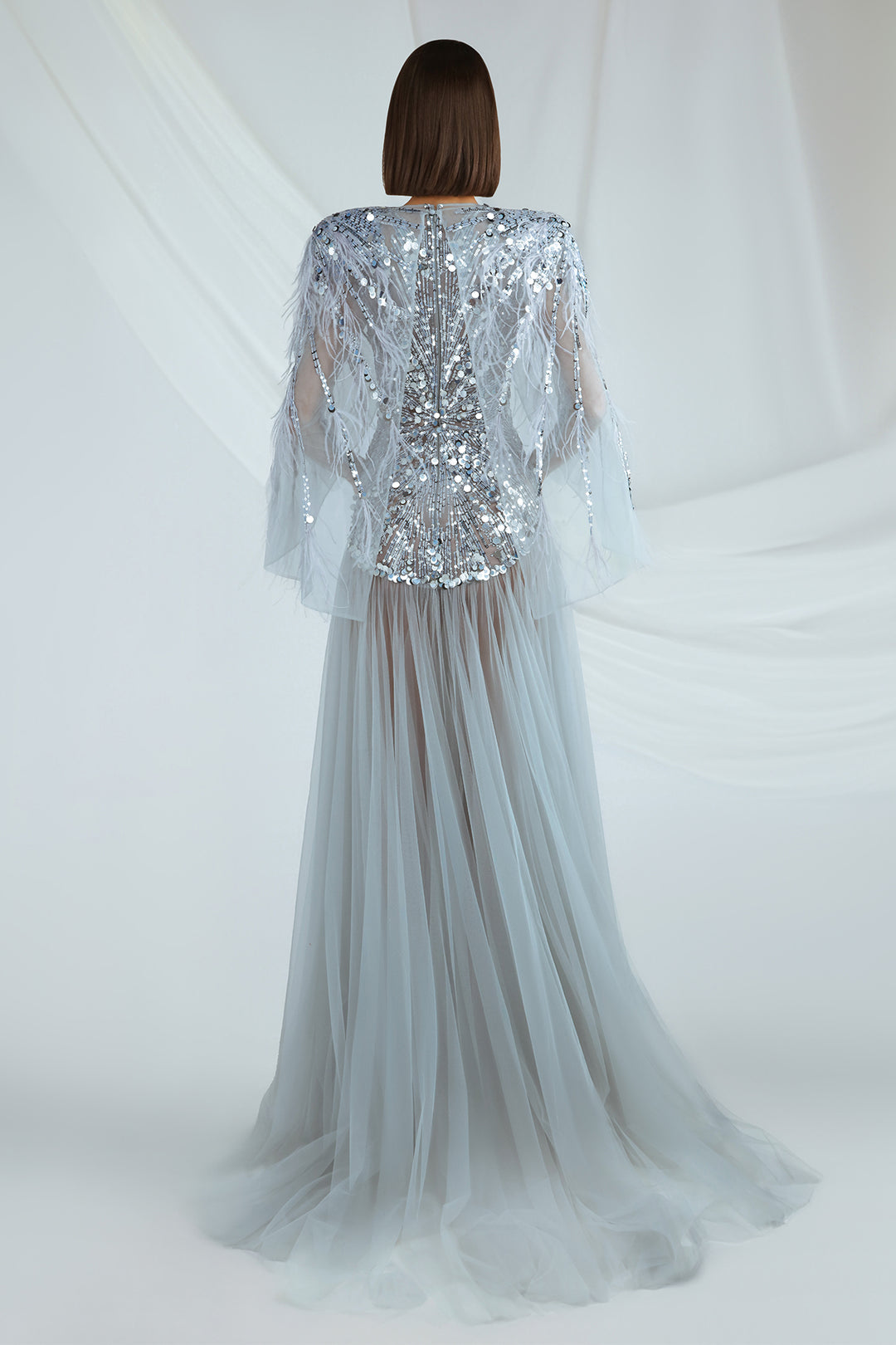 Tulle Dress with V-Neck and Feather