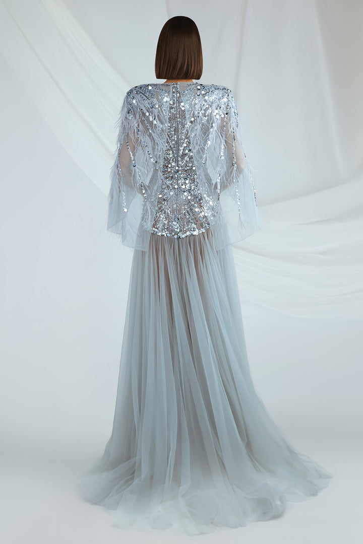 Tulle Dress with V-Neck and Feather