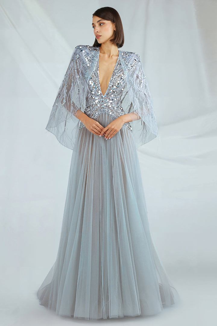 Tulle Dress with V-Neck and Feather