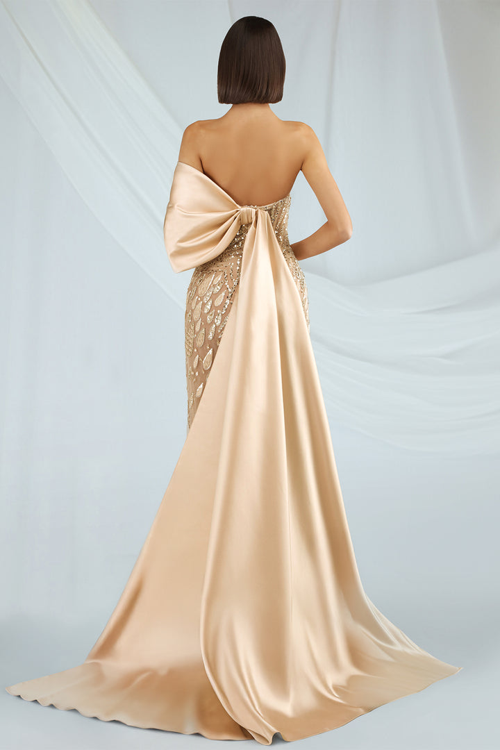 Embroidered Tulle Strapless Dress with Bow