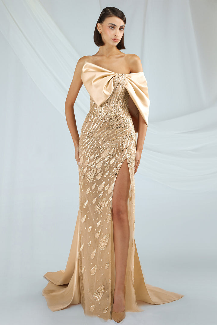 Embroidered Tulle Strapless Dress with Bow