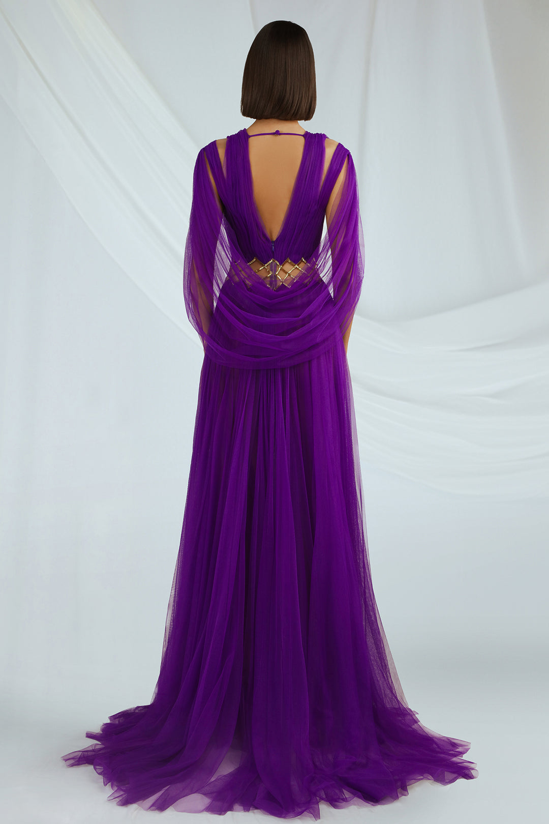 V-Neck Tulle Dress with Cape