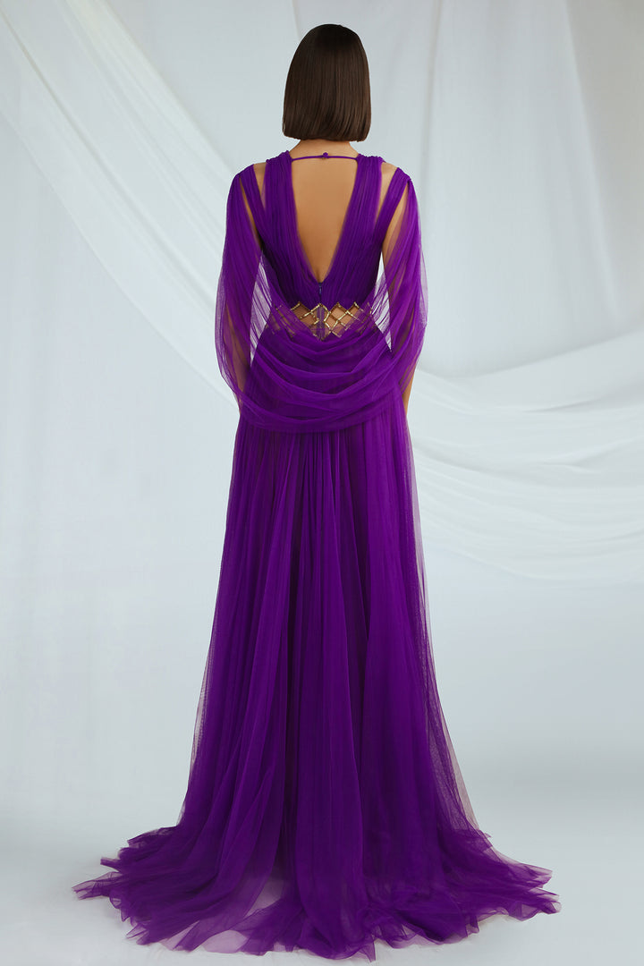 V-Neck Tulle Dress with Cape