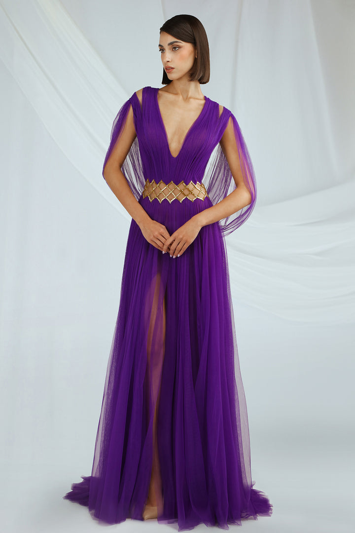 V-Neck Tulle Dress with Cape