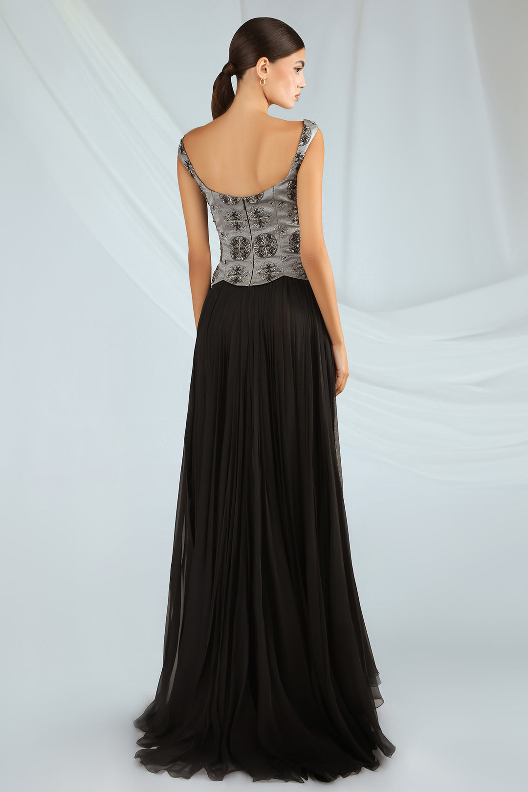 Embroidered Jacquard Dress with Chiffon Skirt