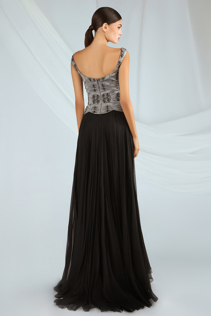 Embroidered Jacquard Dress with Chiffon Skirt