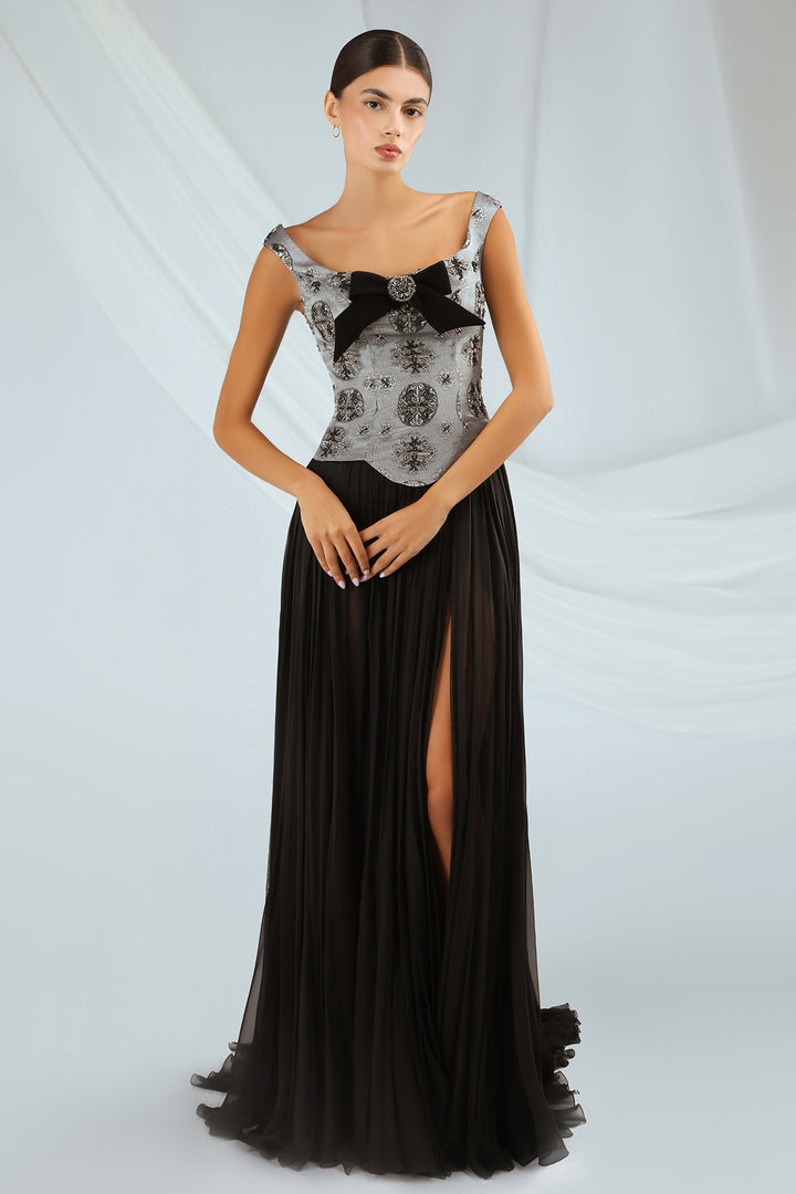 Embroidered Jacquard Dress with Chiffon Skirt