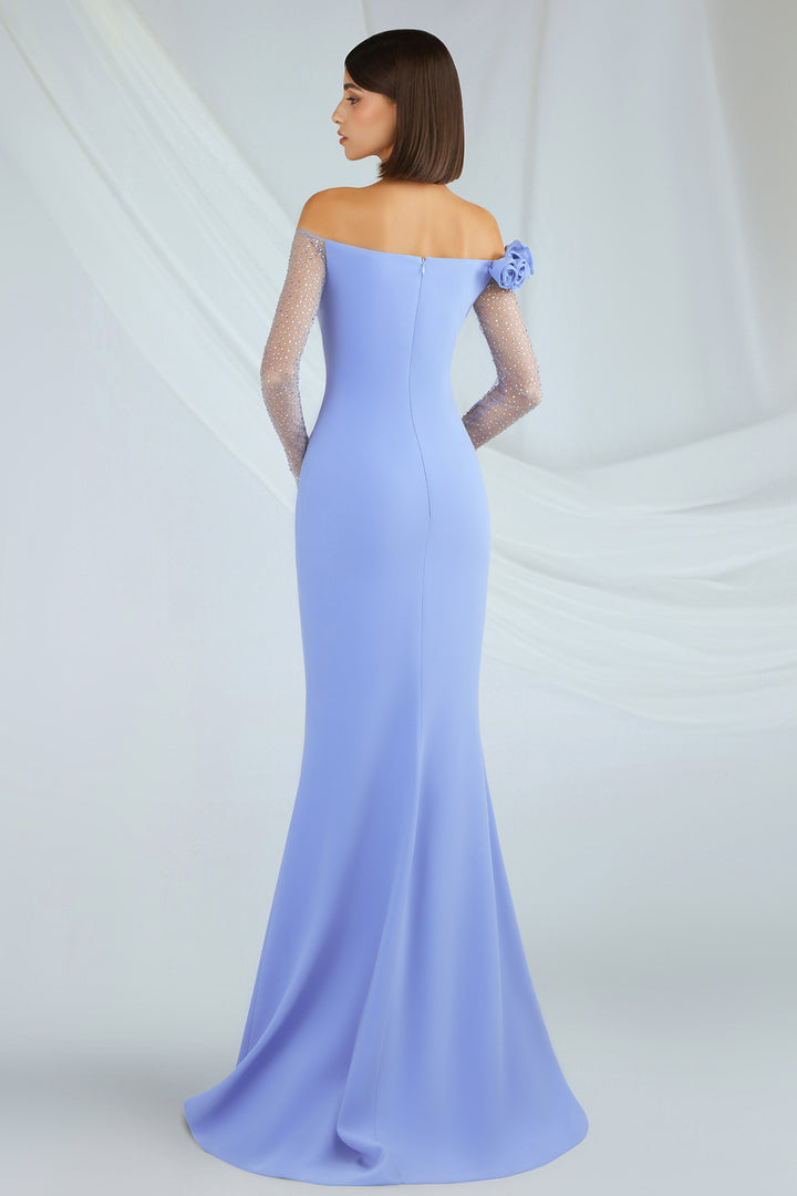 Off-the-Shoulder Crepe Dress with Tulle Sleeves