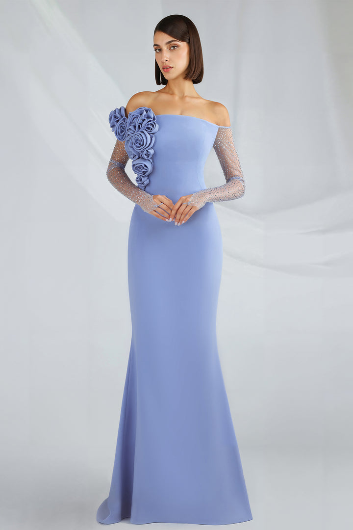 Off-the-Shoulder Crepe Dress with Tulle Sleeves