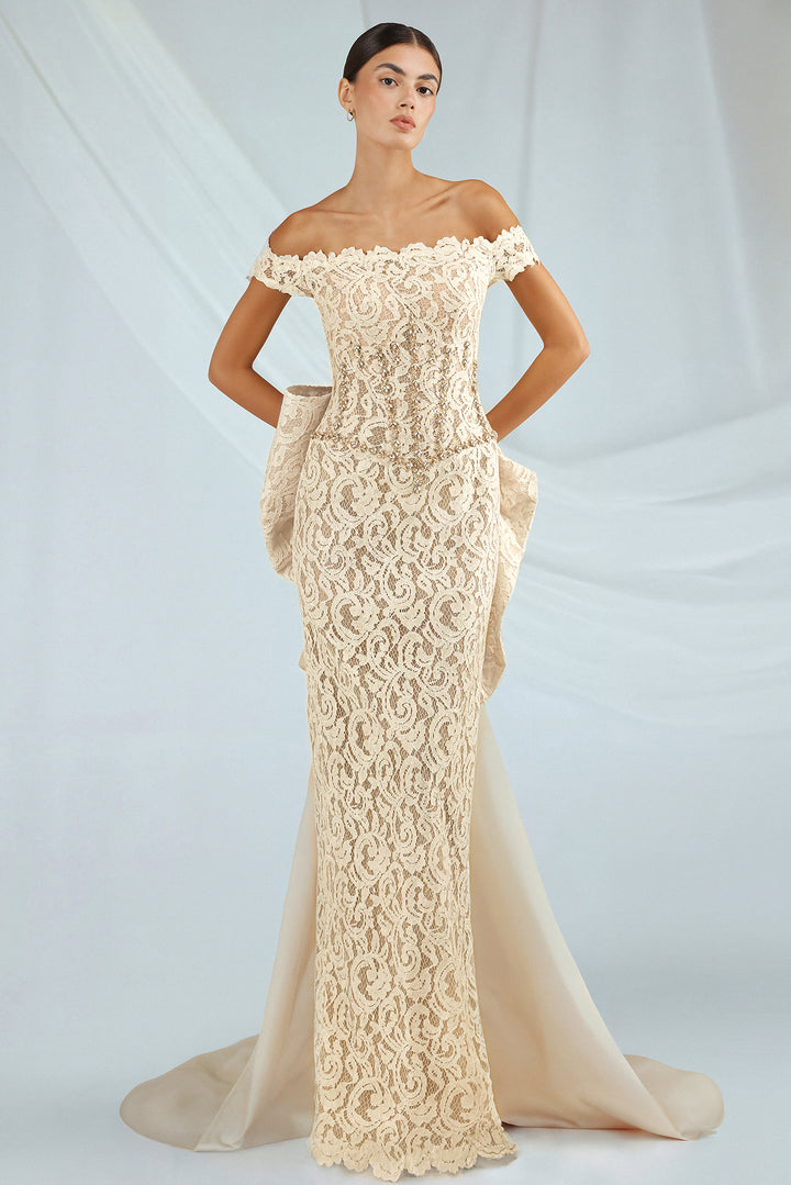 Ivory Off-Shoulder Lace dress with Bow