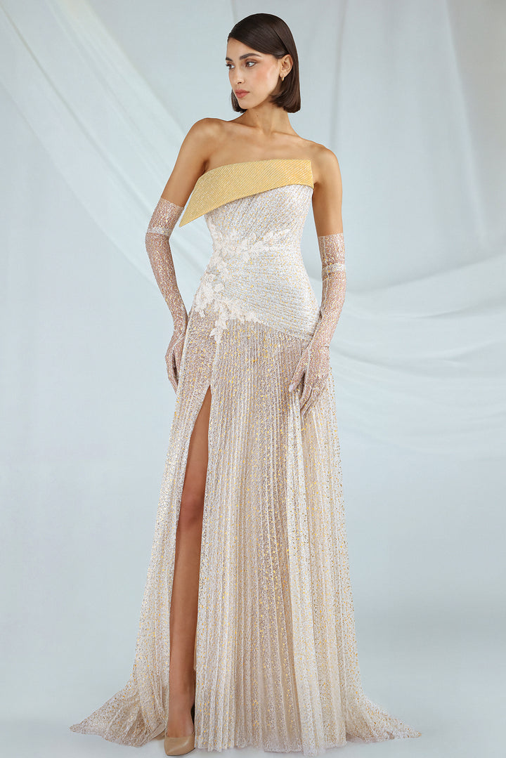 Ivory and Gold Metallic Mesh Dress