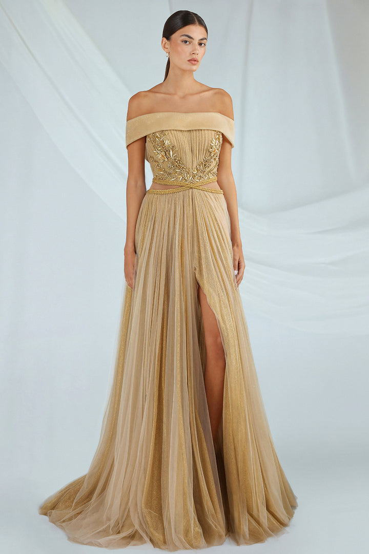 Off-the-Shoulder Dress with Embroidered Bustier