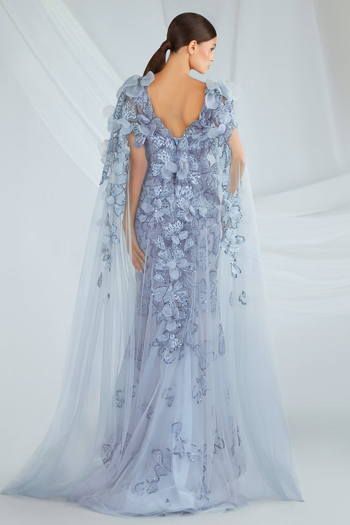 Embroidered Tulle Dress with Capes