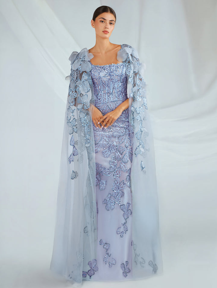 Embroidered Tulle Dress with Capes