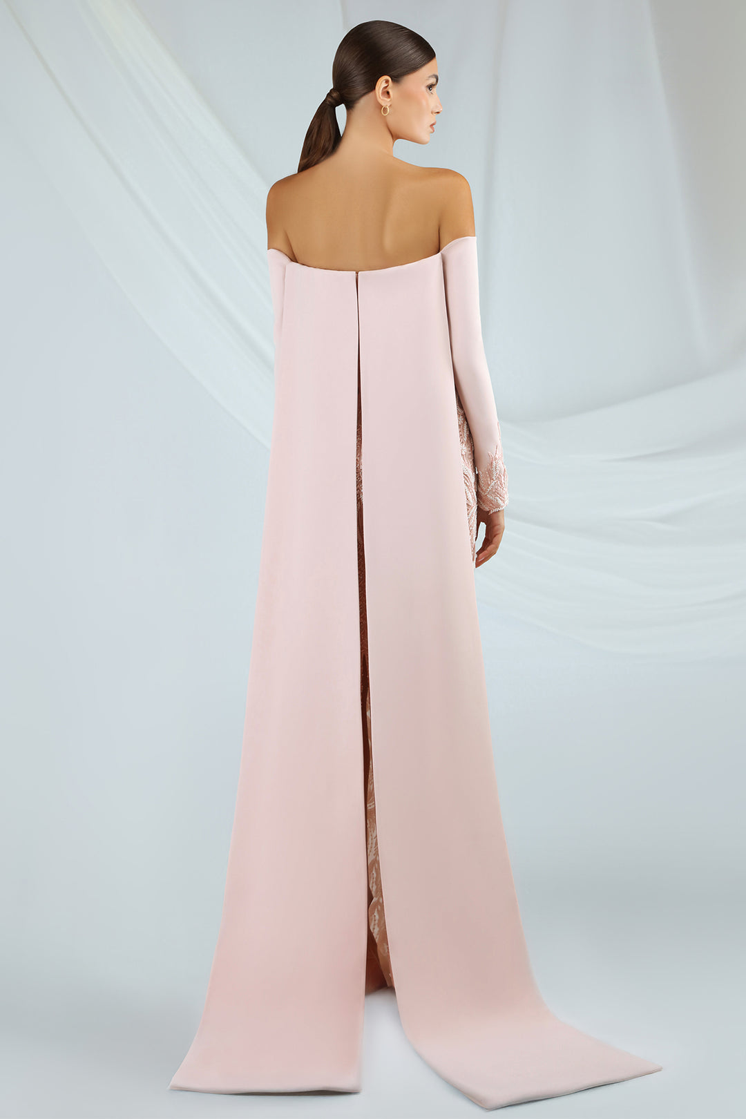 Off-the-Shoulder Embroidered Tulle Dress with Cape