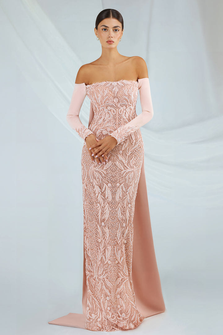 Off-the-Shoulder Embroidered Tulle Dress with Cape