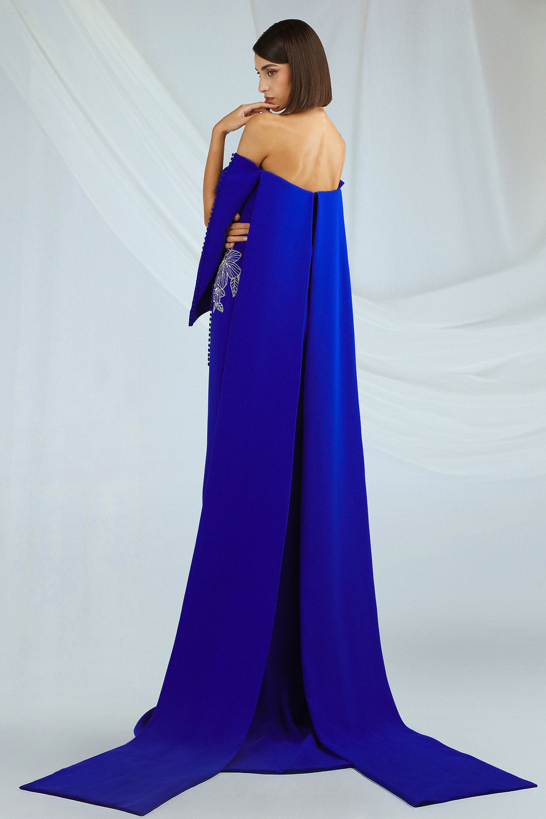 Off-the-Shoulder Crepe Dress with Floral Embroidery