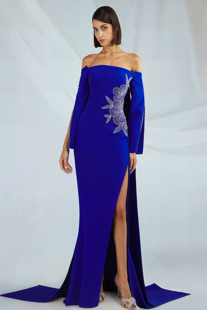 Off-the-Shoulder Crepe Dress with Floral Embroidery