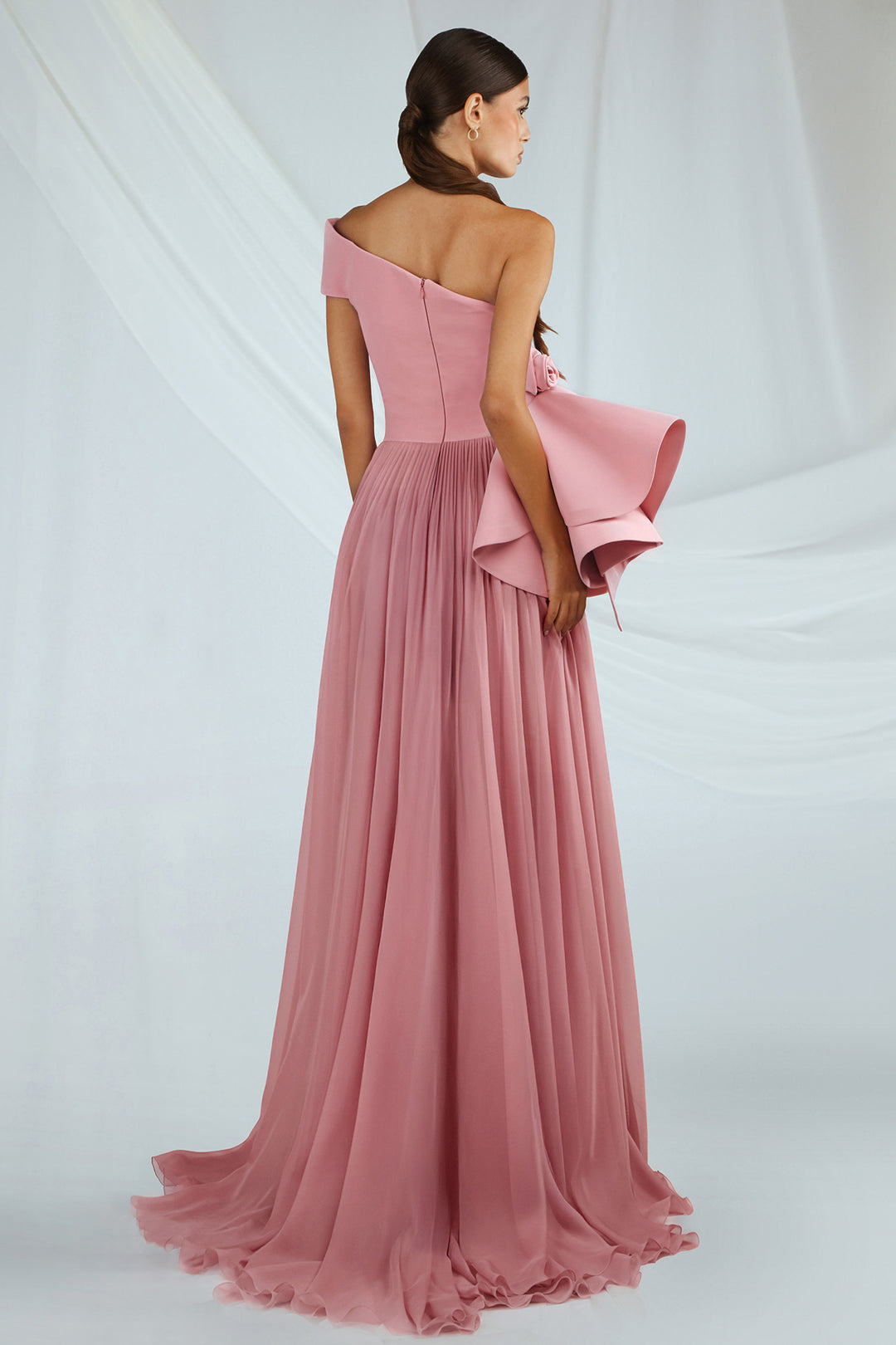 One-Shoulder Crepe Dress with Pleated Skirt