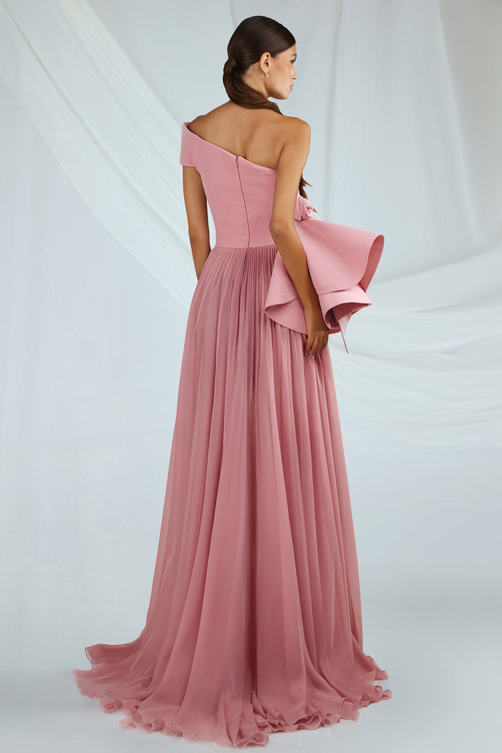 One-Shoulder Crepe Dress with Pleated Skirt