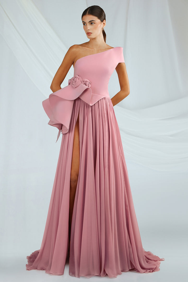 One-Shoulder Crepe Dress with Pleated Skirt
