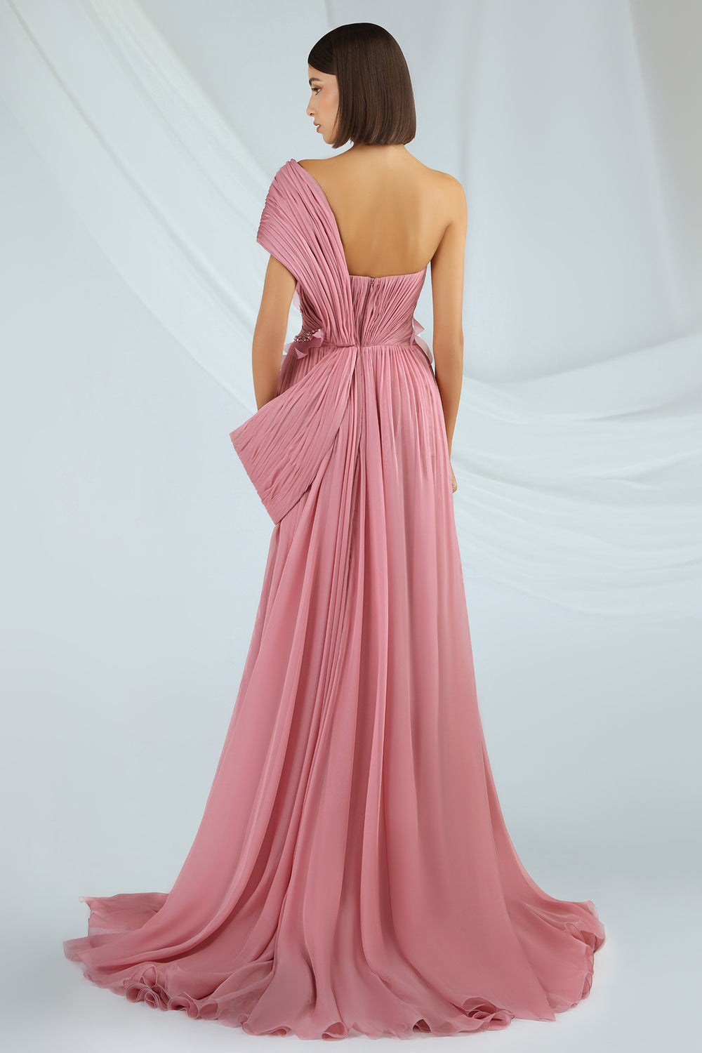 One-Shoulder Chiffon Dress with Pleated Bodice Pink / FR 34