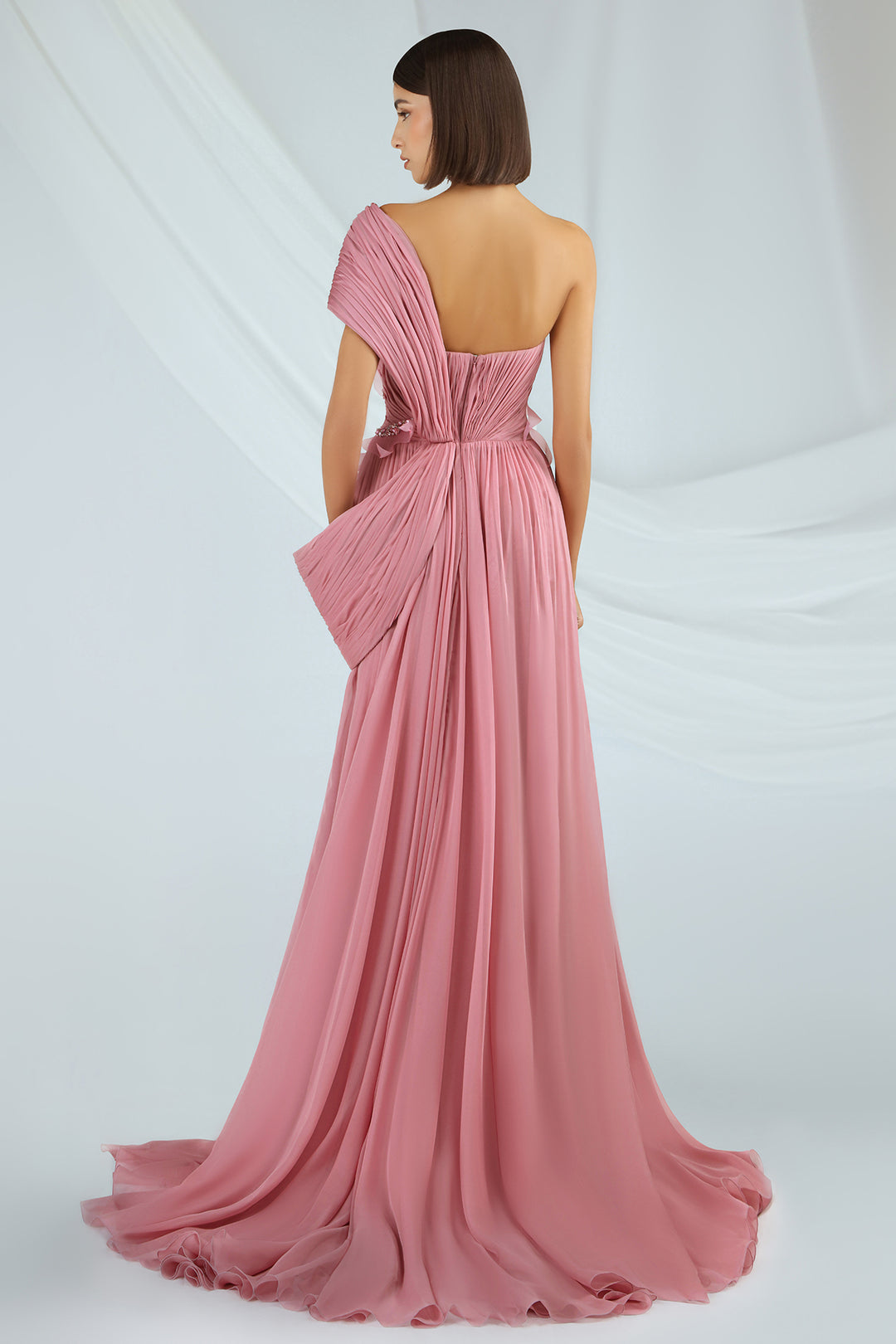One-Shoulder Chiffon Dress with Pleated Bodice
