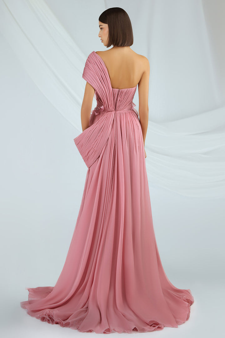 One-Shoulder Chiffon Dress with Pleated Bodice