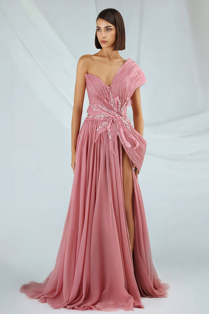 One-Shoulder Chiffon Dress with Pleated Bodice