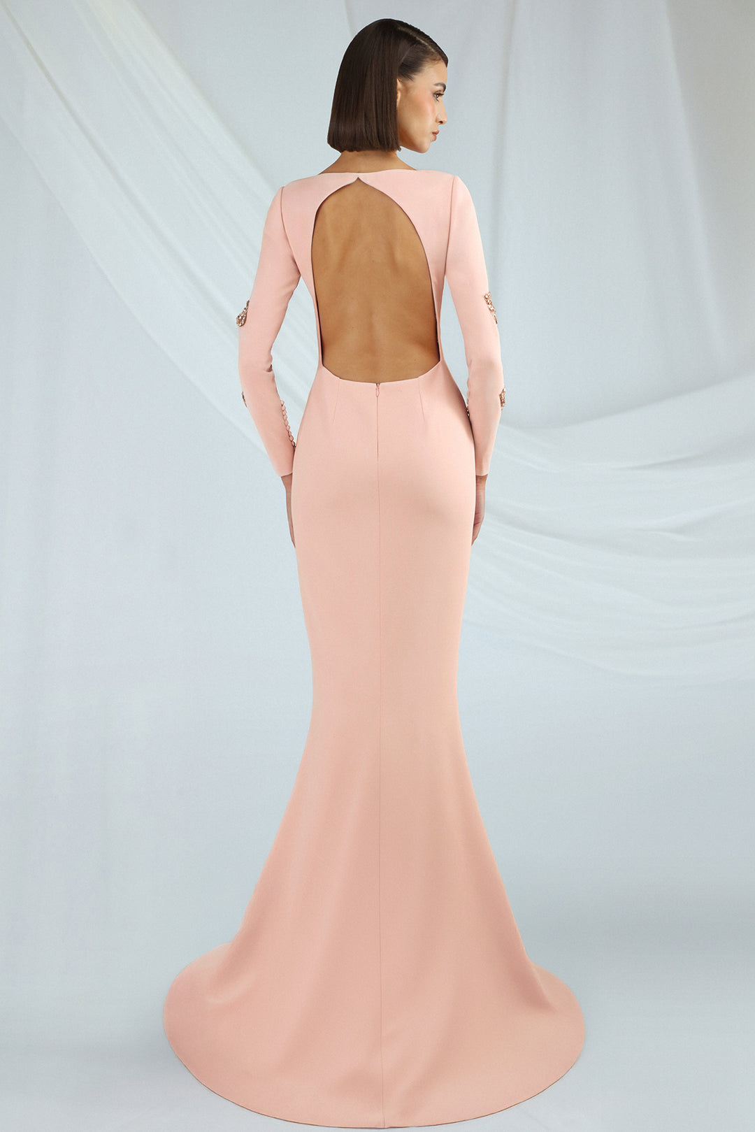 Fitted Floor-Length Crepe Dress with Embroidery