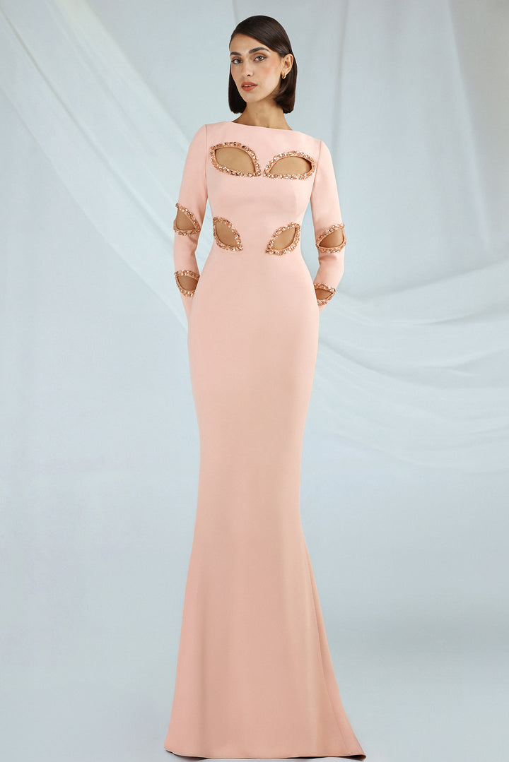 Fitted Floor-Length Crepe Dress with Embroidery