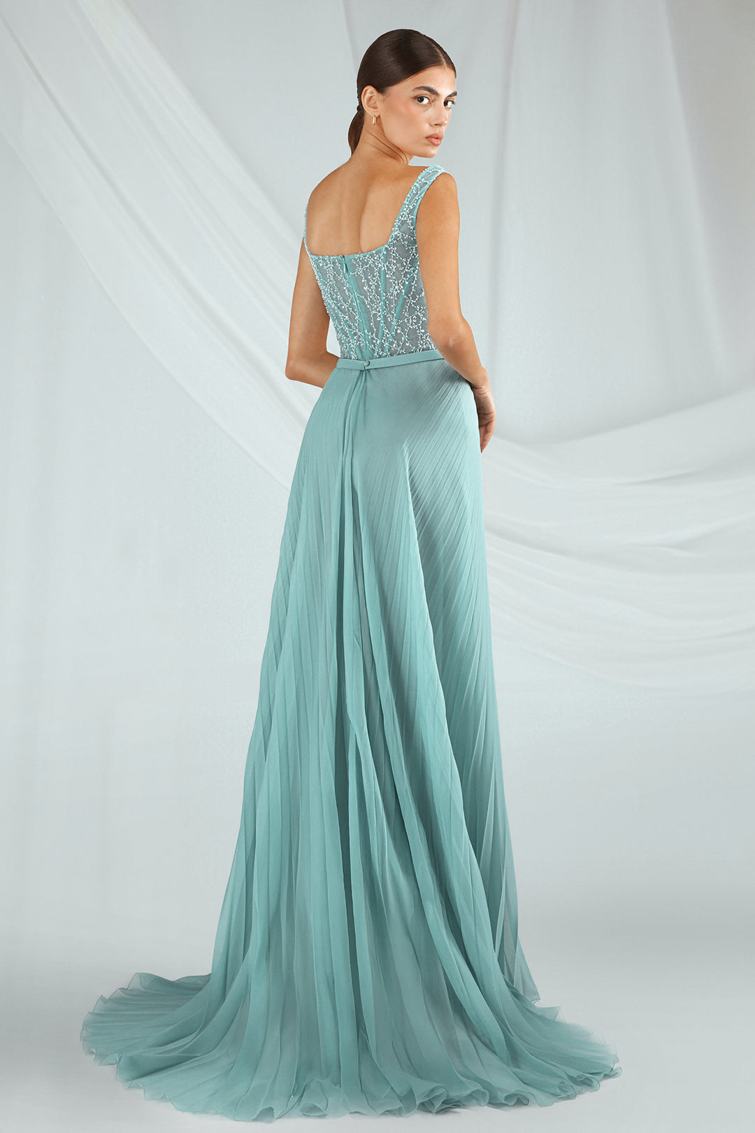 Embroidered Tulle Dress with Pleated Skirt