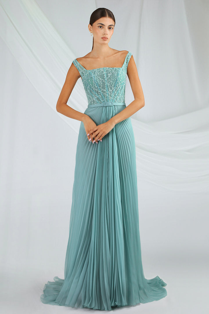 Embroidered Tulle Dress with Pleated Skirt