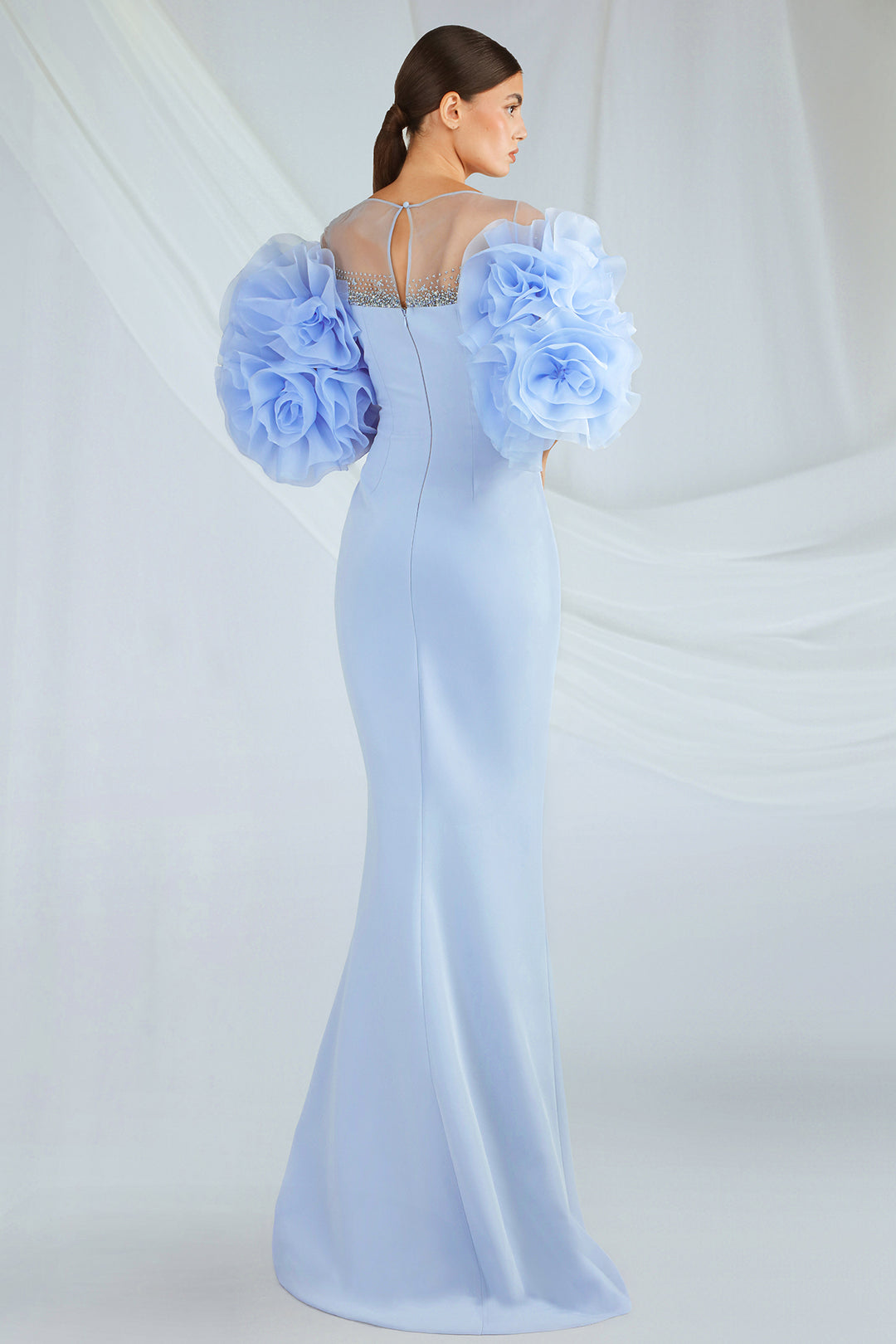 Embroidered Tulle Crepe Dress with Puff Sleeves