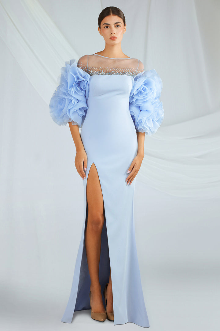 Embroidered Tulle Crepe Dress with Puff Sleeves