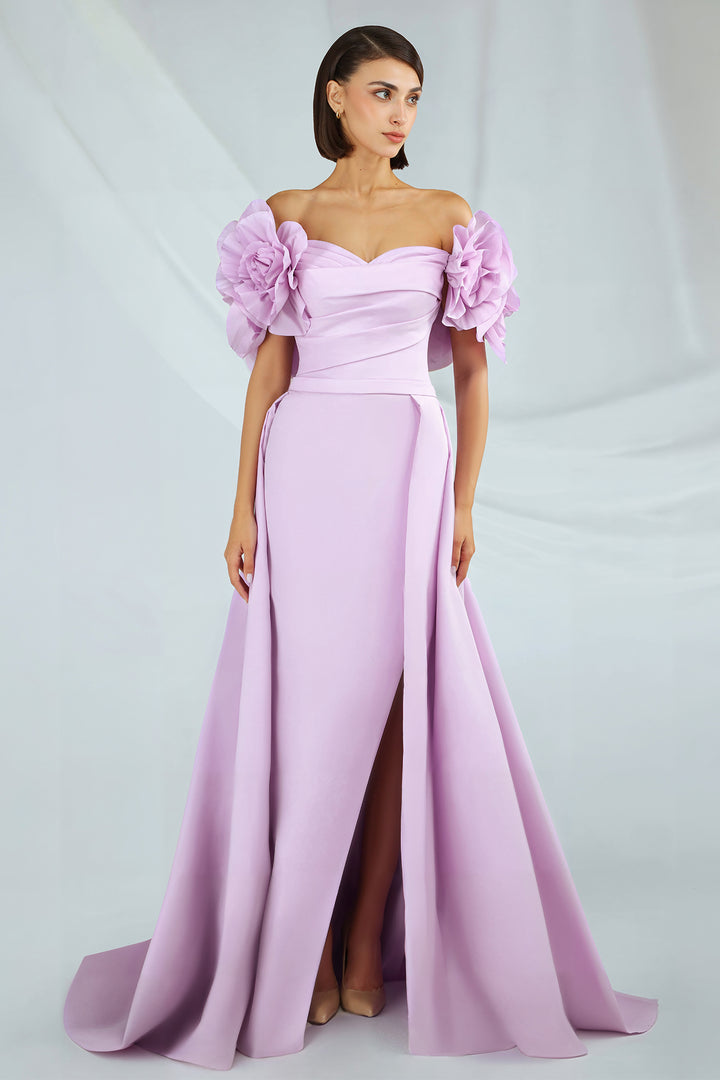 Off-The-Shoulder Taffeta Dress with Ruffles