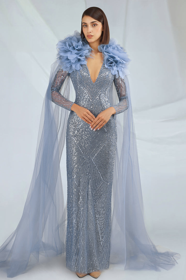 Embroidered Tulle Dress with Cape