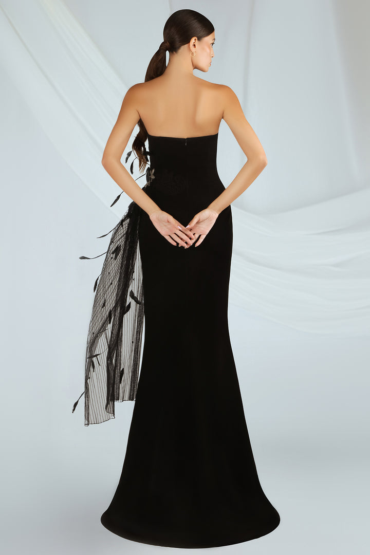 Crepe Dress with Tulle Neckline and Feathers