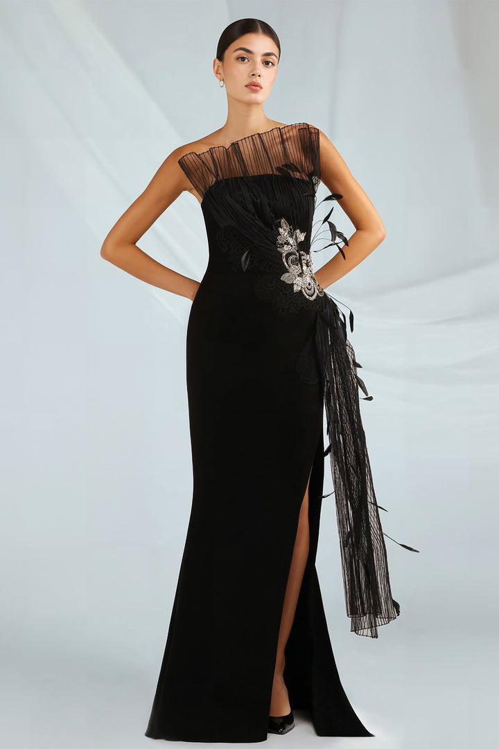 Crepe Dress with Tulle Neckline and Feathers