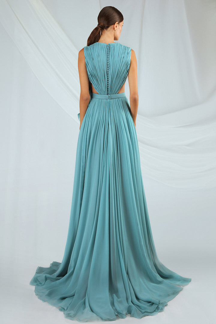 Chiffon Dress with Pleated Bodice and Applique