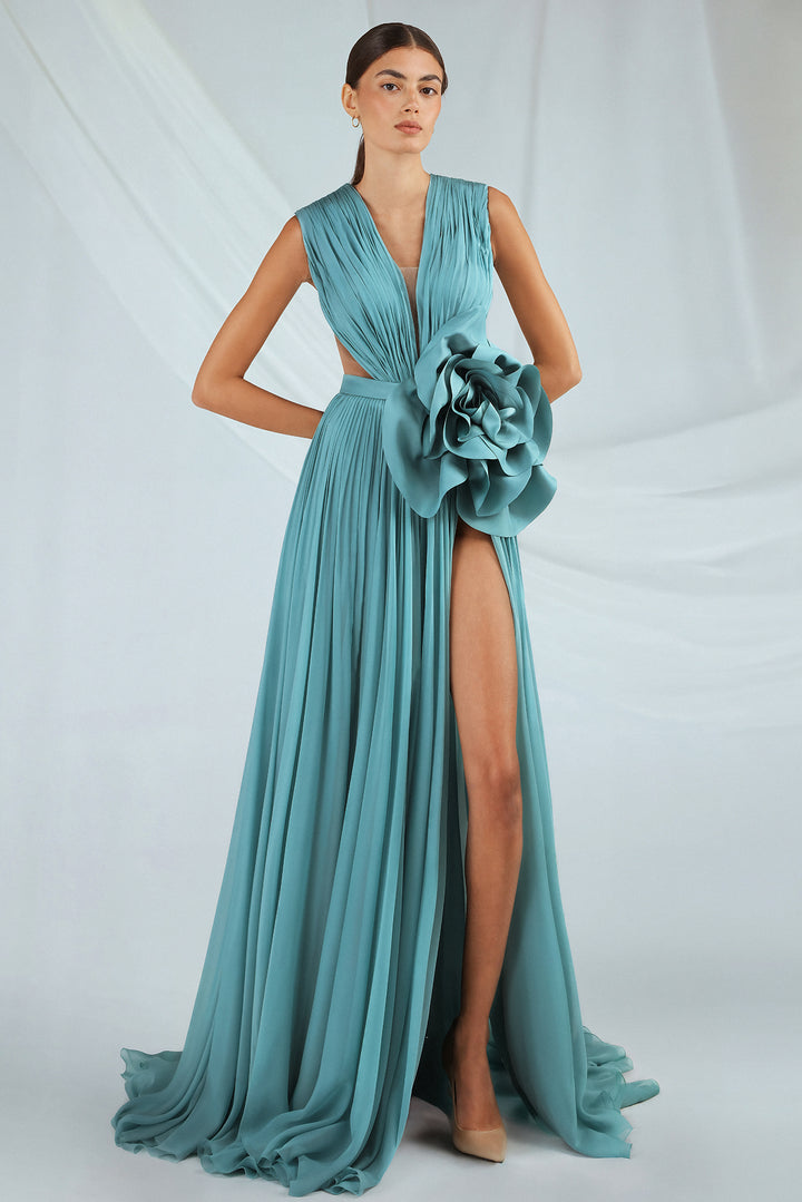 Chiffon Dress with Pleated Bodice and Applique