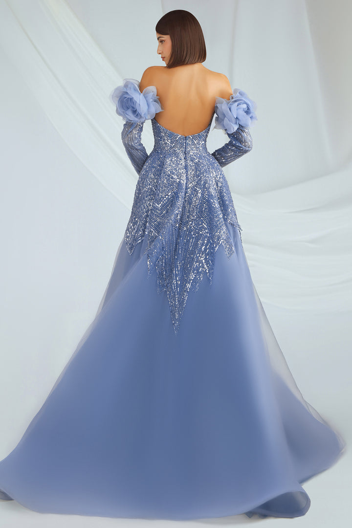 Crepe Dress with Tulle Embroidery