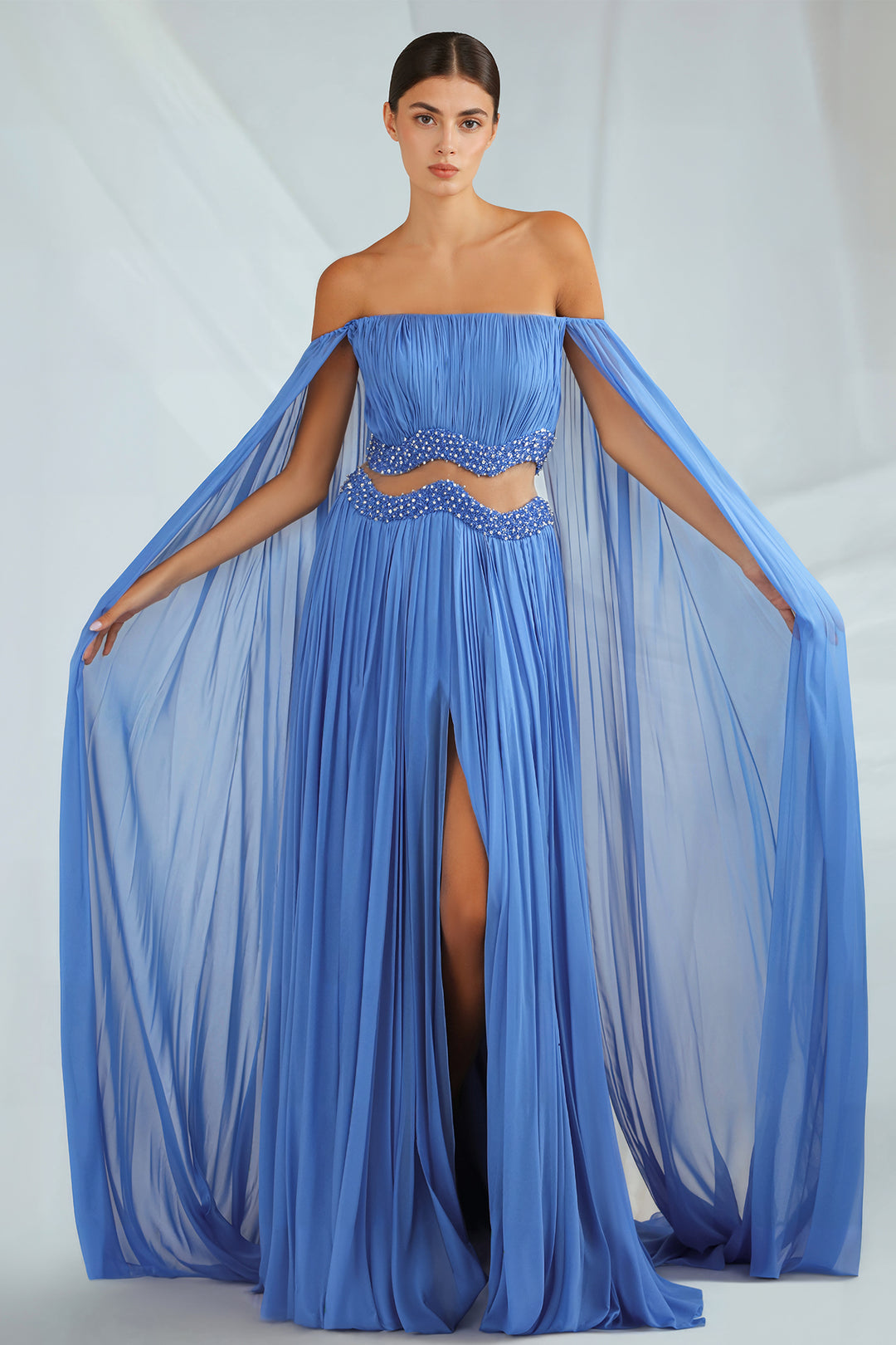 chiffon cape sleeve dress Mac Duggal Women's Evening Pleated Cape Gown - Sage