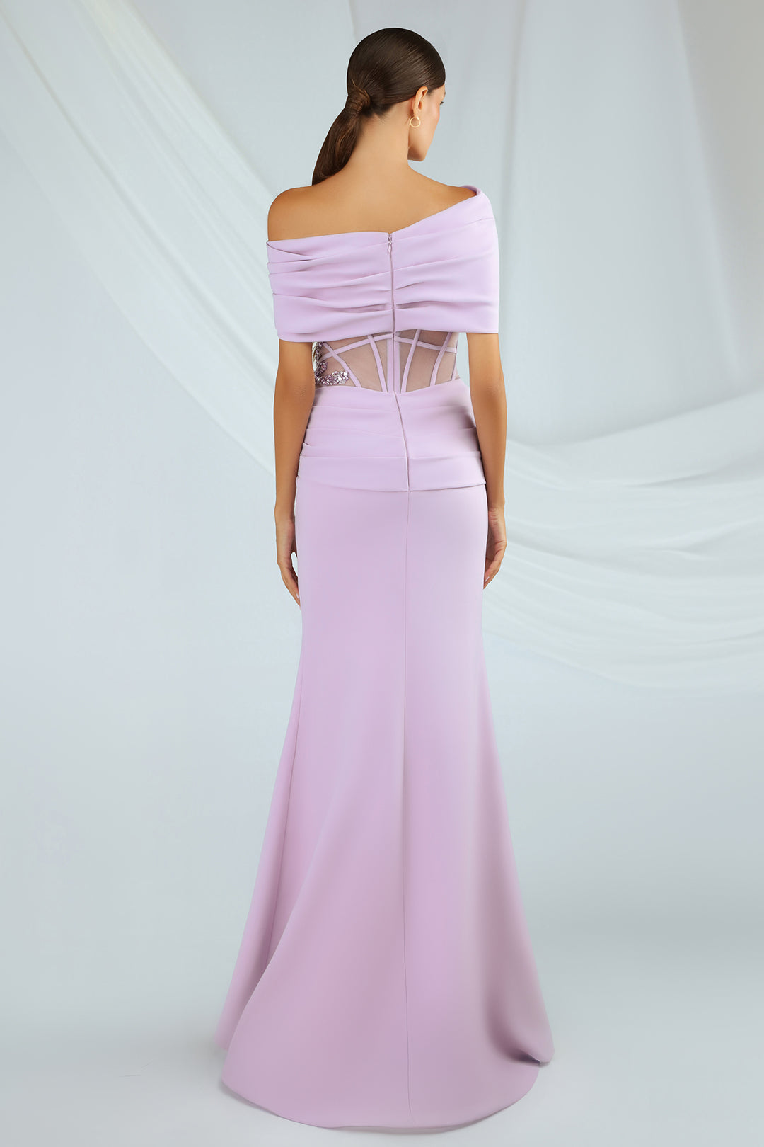 Crepe Dress with Tulle Panel and Slit