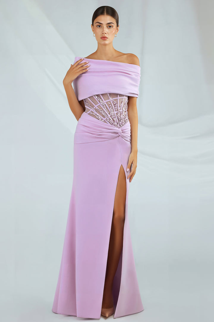 Crepe Dress with Tulle Panel and Slit