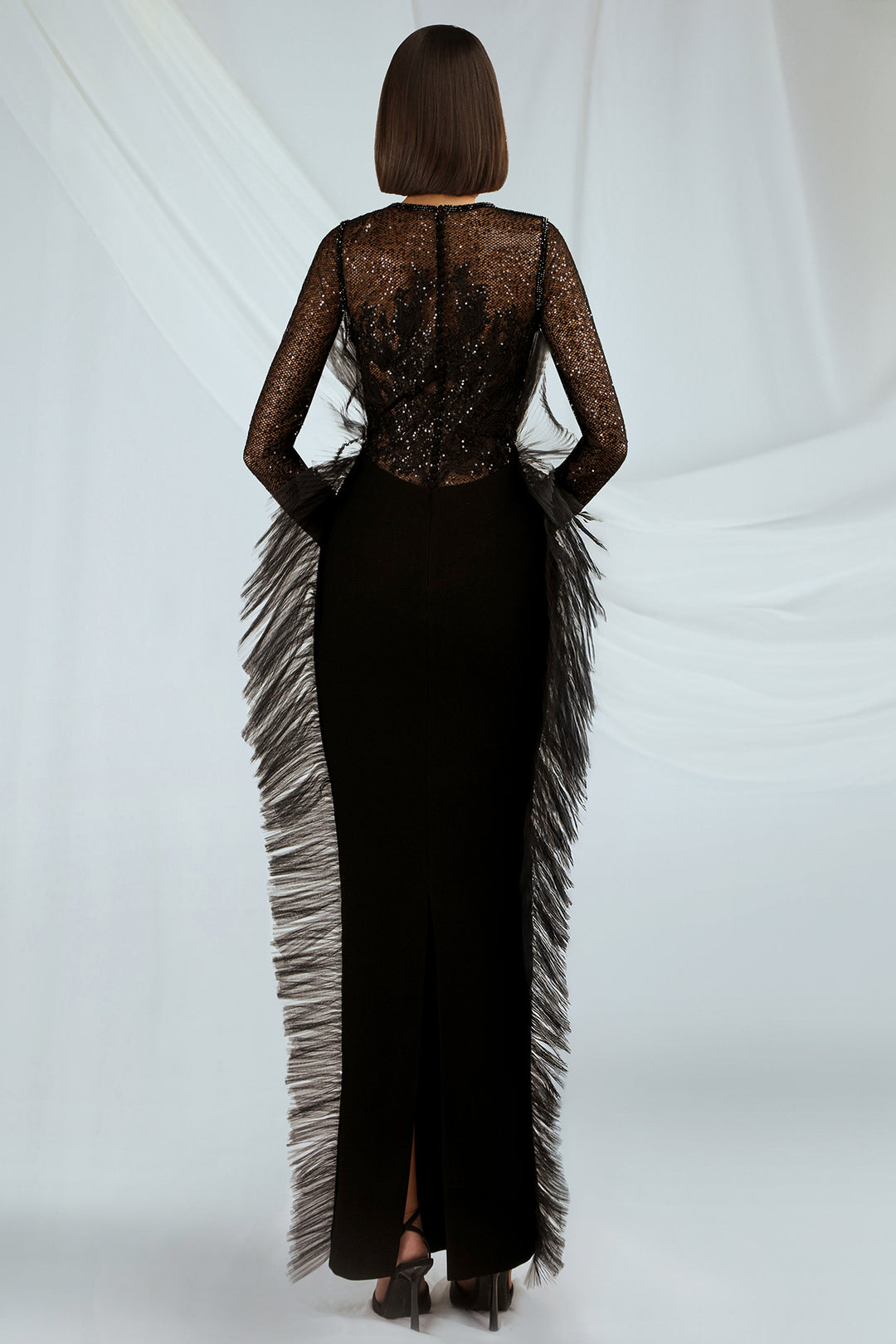 Embroidered Crepe Dress with Feather Trim