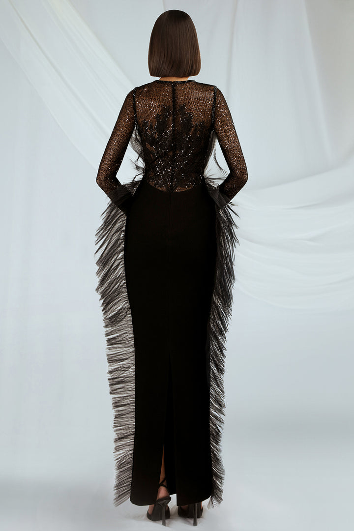 Embroidered Crepe Dress with Feather Trim