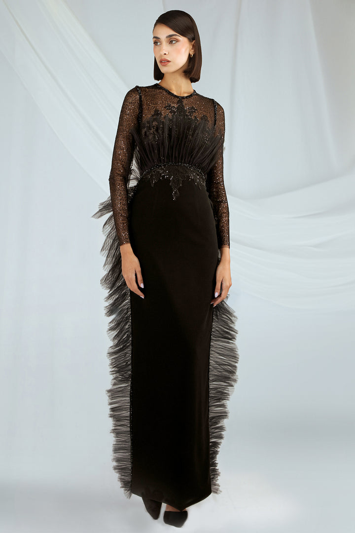 Embroidered Crepe Dress with Feather Trim